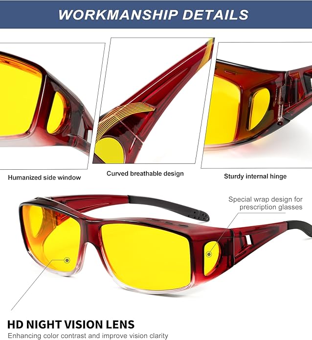 KALIYADI Night-Vision-Glasses Fit-Over-Glasses Wrap-Around Glasses: Anti Glare Night Driving Glasses for men women HD Lens