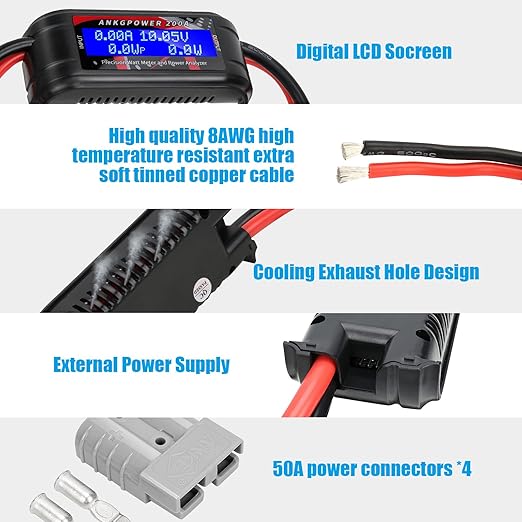 200A Power Analyzer with Power connectors, High Precision RC with Digital LCD Screen for Voltage (V) Current (A) Power (W) Charge(Ah) and Energy (Wh) Measurement Two Sets of 50A Gray Power connectors