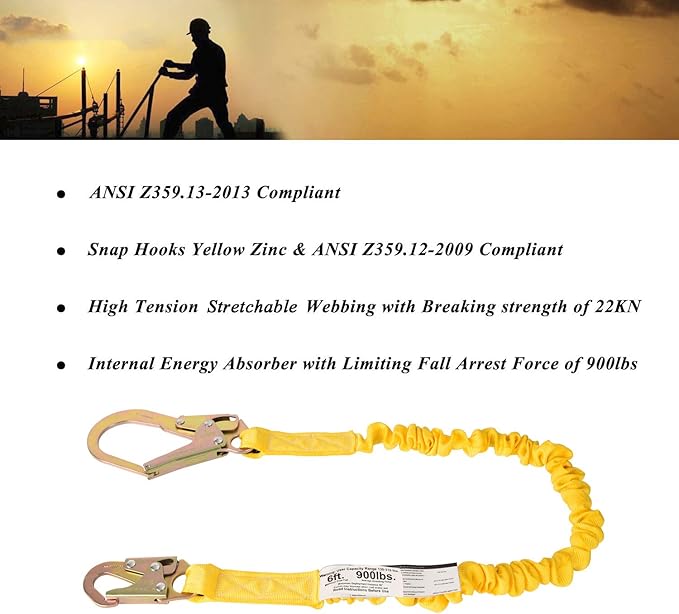 Single Leg 6-Foot Fall Protection Internal Shock Absorbing Stretchable Safety Lanyard with Snap & Rebar Hook Connectors CSA＆ANSI Compliant