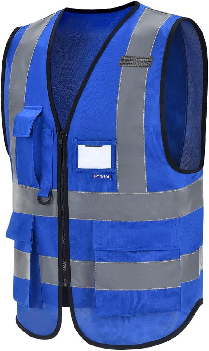 A-SAFETY Blue High Visibility Vests Reflective Work Vest,Hi Vis Bright Neon Color with 4 Reflective Strips 7 Pockets