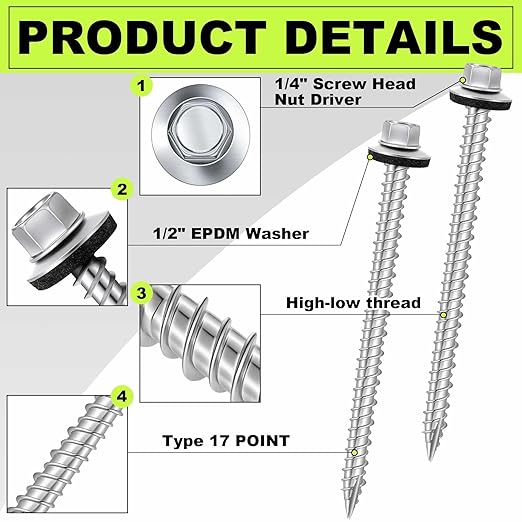 Tandefio Hex Head Metal Roofing Screws Galvanized Roof Self Starting Tapping Siding Sheet with Rubber Washer Seal for Wood Panels Summer(Zinc,500 Pcs,#10 x 3'')