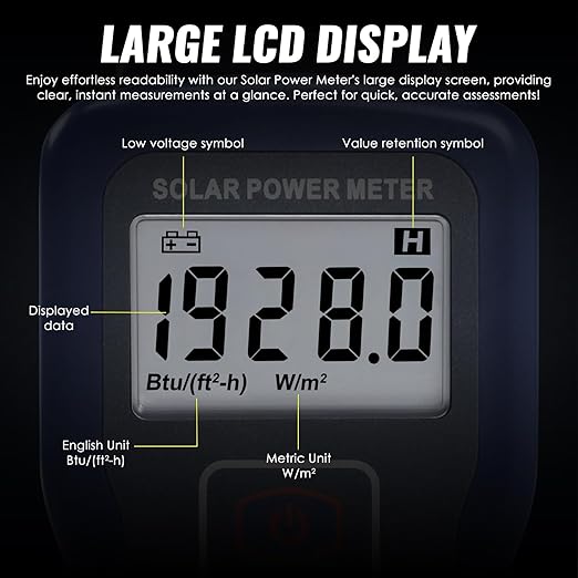 Solar Power Meter Solar Meter Digital Sun Light Radiation Testing Solar Irradiance Meter Measuring Instrument for Meteorology Sun Measurement Solar Energy Research Physical Optical Experiments
