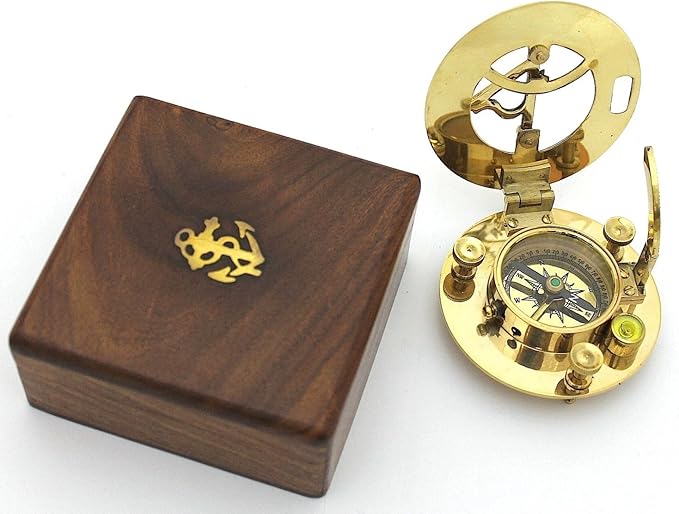 THOR INSTRUMENTS Solid Brass Sundial and Compass in Hardwood Box - Polished Brass Sundial Compass Rustic Vintage Home Decor Gifts