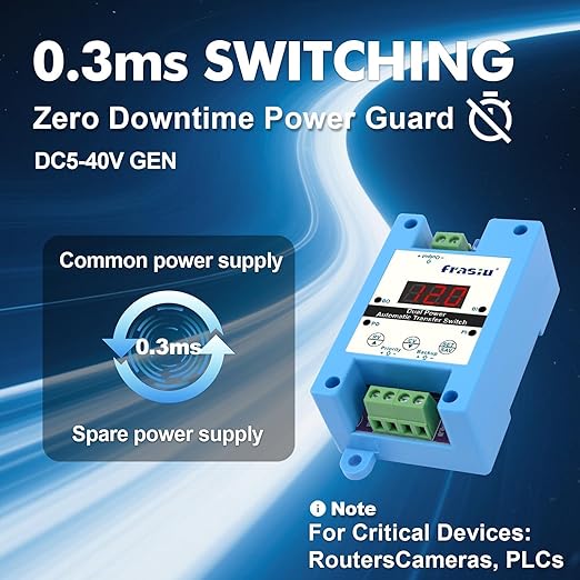 DC Automatic Transfer Switch 8A, Dual Power Backup Module for Solar & Battery, Seamless Switching No Reboot for Router, Starlink Mini, Diesel Heater, RV Off-Grid System, 5-40V Adjustable