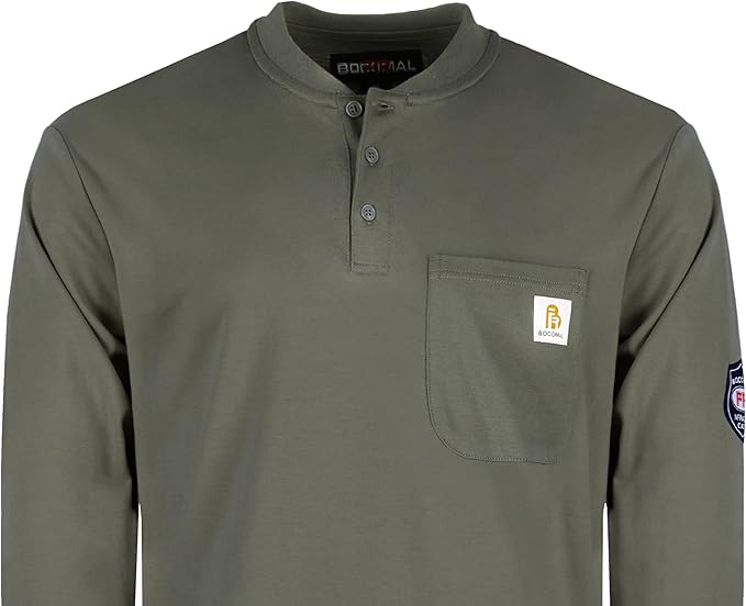 BOCOMAL FR Shirts Henley 7oz Midweight Fire Resistant Clothing NFPA2112 CAT2 Men's Flame Retardant Work Shirt