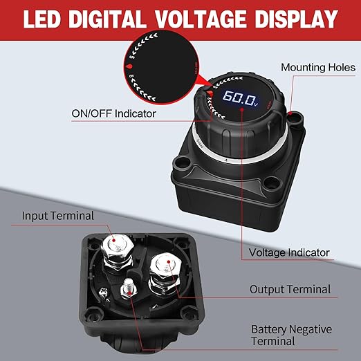 VSTM Upgrade Battery Disconnect Switch with Digital Voltage Display, DC 5-60V, Power Master Isolator Cut Off Switch for Car Truck Marine Boat RV Camper Trailer (Upgrade Black)
