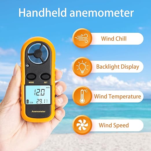 Anemometer Handheld, Light Weight Digital Wind Speed Meter, Wind Speed Temperature Gauge with Digital LCD Display for Kite Flying, Meteorology, Fishing, Surfing