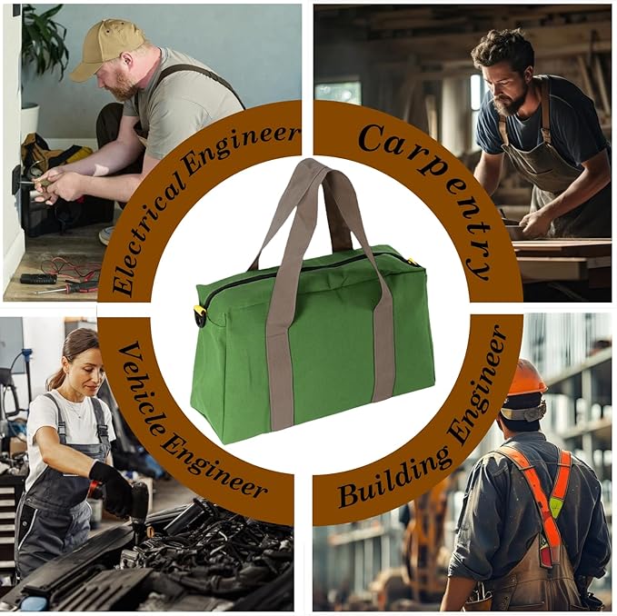 Canvas Wide Mouth Tool Bag, Large Capacity Tool Bags for Men, Portable Home Tool Organizer for Storage Handbag for Screwdrivers, Wrench, Plier, Nails, Pliers Repair Hand Tools (Green-20 Inch)