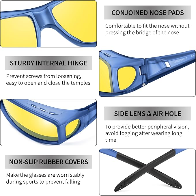 URUMQI Night Vision Driving Glasses Fit Over Eyeglasses for Men Women, Anti Glare Polarized Nighttime Glasses Yellow Lens