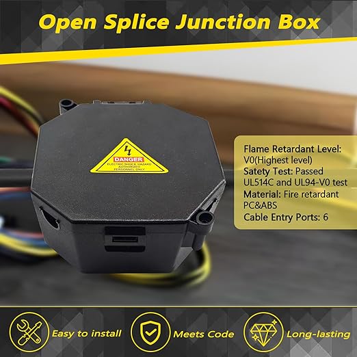 Black Open Splice Junction Box (6 Pack), Splice Box Wire Electrical Junction Box with Cover V0 Flame Retardant Rating(Highest Level)
