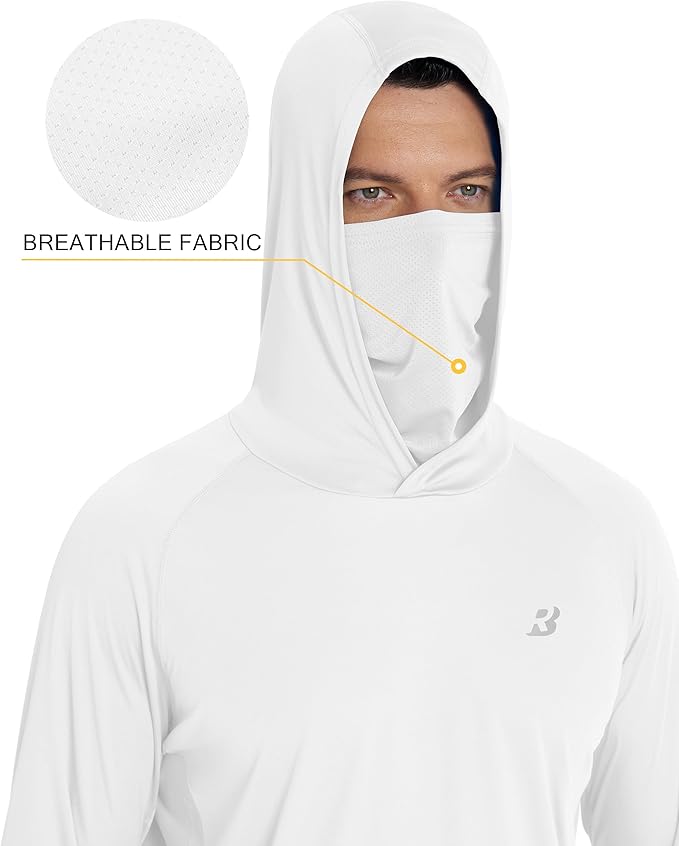 Roadbox Men's UPF 50+ Hooded Fishing Shirts Long Sleeve Sun Protection Hoodie, Hiking Running Swimming Rash Guard with Mask