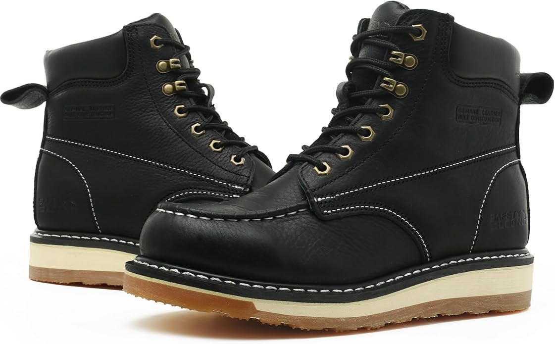 Moc Toe Work Boots for Men Waterproof Soft/Steel Toe Comfortable Full Grain Leather Non Slip Wedge Outsole Construction 6" Workboots