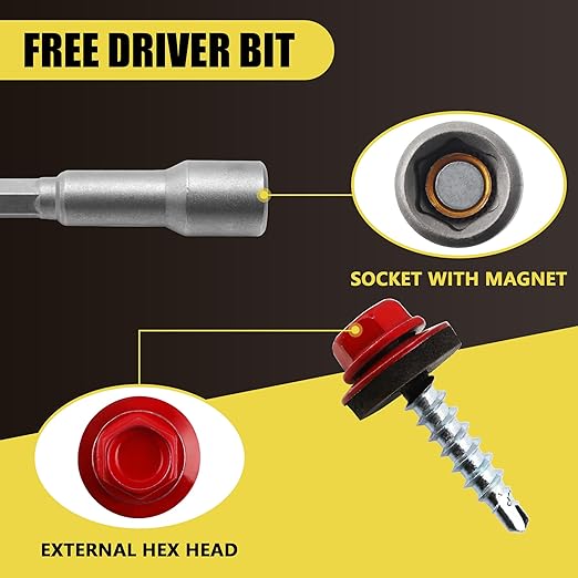 300pcs #10 x 1 Red Hex Head Self-Drilling Metal Roofing Screws, EPDM Washer, Colored Head, Wood Screws, Sheet Metal Roof Screw with Hex Driver Bit (Red, 1 in)
