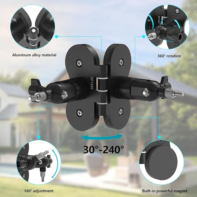 Magnetic Dual Camera Pole Holder with Two 1/4" Threaded Points Compatible with Blink, R-ing,Eufy, Google,Wyze, Arlo, Simplisafe,Reolink,Tapo Cameras and Solar Panels Aluminum Arm Mount (Black)