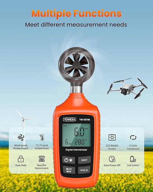 Digital Anemometer, YOWEXA Portable Wind Speed Meter with Backlight Screen, Air Flow Tester Supports Wind Chill Alert, Wind Checkers for Hunting HVAC Drone Sailing Golf Shooting