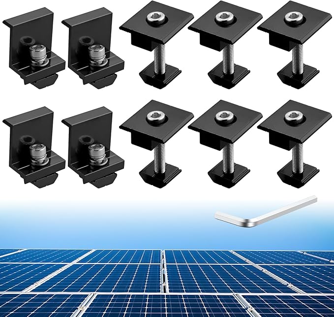 Anbte 10 PCS Solar Panels Brackets 40mm, Aluminium 6 x T-Shaped Mid Clamps + 4 x End Clamps, Solar Panel Mounting Brackets for Metal, Tin, Flat, Sheet Roofs, RV, Black