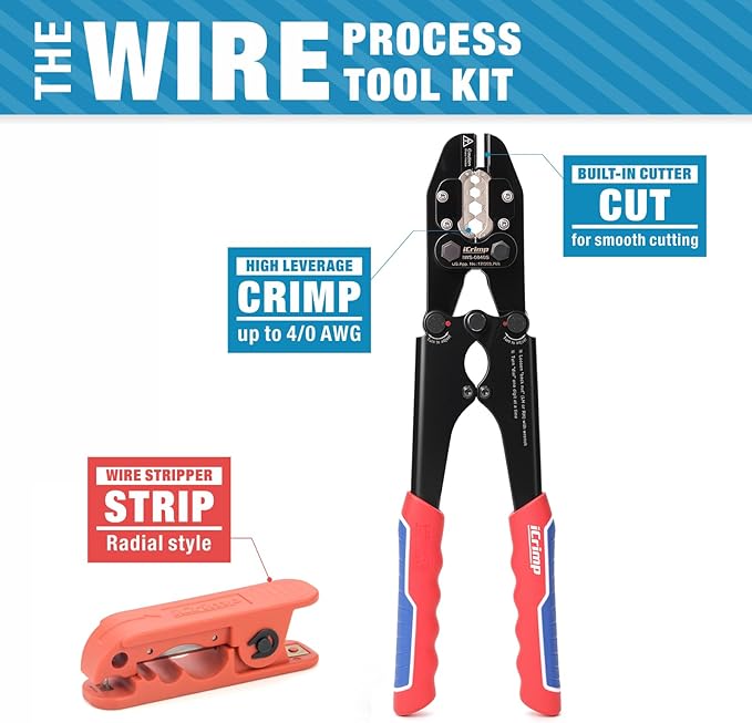iCrimp Battery Cable Lug Crimping Tool Kit for 8, 6, 4, 2, 1,1/0, 2/0, 3/0, 4/0 AWG Copper Ring Terminals, Battery Cable Ends, Copper Splice, c/w Radial Wire Stripper
