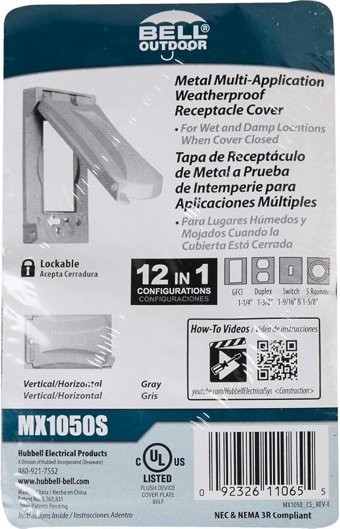 Hubbell Bell MX1050S Single-Gang Weatherproof Heavy Duty Universal Flip Cover, 2.87"W x 4.84"H, Gray Finish