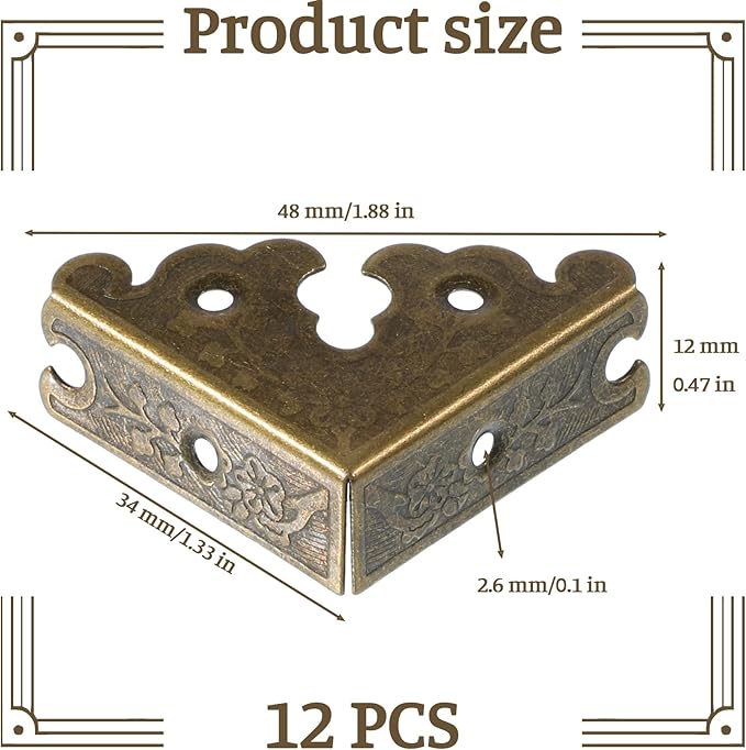 12 Pcs Decorative Corner Protectors Antique Bronze Edge Safety Guards Covers Decorative Metal Corner Guard with Screws for Storage Box Furniture Tables Cabinets Jewelry Box Picture Frame