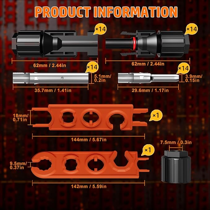 PEBA Solar Connector Crimping Tool Kit for AWG 16-10 Solar Panel Cable Wire with 14 Pairs IP68 Solar Connectors Plug & Wire Stripper & Spanner Wrench | Pro-Grade Ratchet Crimp Tool for Installers