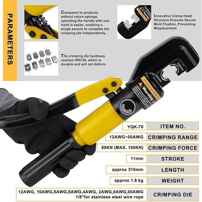 Hydraulic Crimping Tool and Cable Cutter,12 AWG to 2/0 (00), 10 Tons Battery Cable Crimper with 9 Crimping Dies, Hydraulic Wire Crimper Kit for Cable Lug, Ring Terminals, Wire Rope