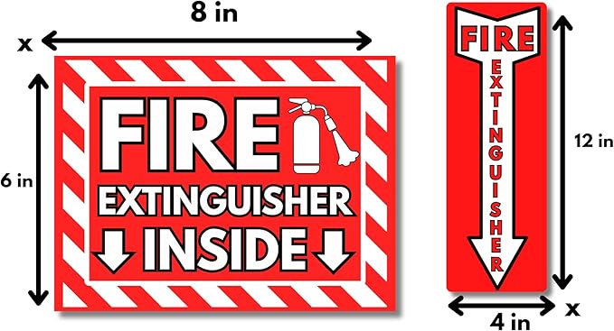 Fire Extinguisher Sign Premium Quality Vinyl Labels, 2 Designs 4 Pack, UV Resistant, Waterproof, Weatherproof, Fire Extinguisher Inside Sticker Signs Sizes 4 x 12 in & 6 x 8 in for Fire Extinguishers.