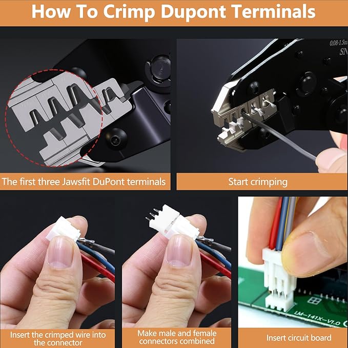 6 in 1 Wire Crimping Tool, Amliber AWG 28-16 Wire Crimper for Non-Insulated Open Barrel Terminal Connectors, Electrical Crimping Pliers for Molex Dupont JST Deutsch DELPHI AMP TYCO TE Terminals
