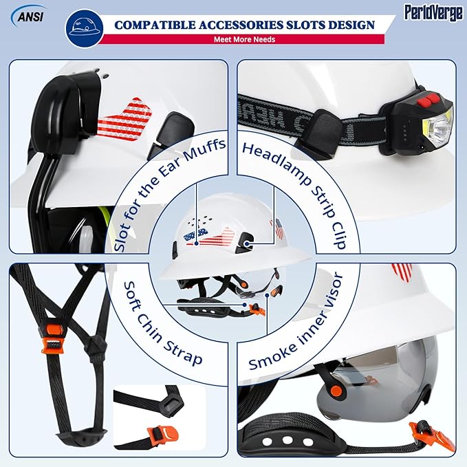 Full Brim Hard Hats Construction OSHA Approved with Visor-Vented Hard Hat with Neck Gaiter with Ear Loops,Safety Hard Hats for Men with Chin Strap ANSI Z89.1 Type 1 Class C,6-pt Suspension