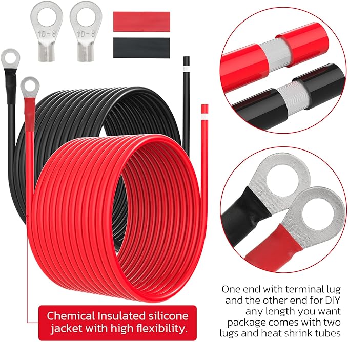 8 AWG Battery Cables 8 Gauge Solar Panel Wire Tinned Copper Extension Cable with 5/16'' Lugs for RV Solar Panel Car Automotive (8AWG 20FT)