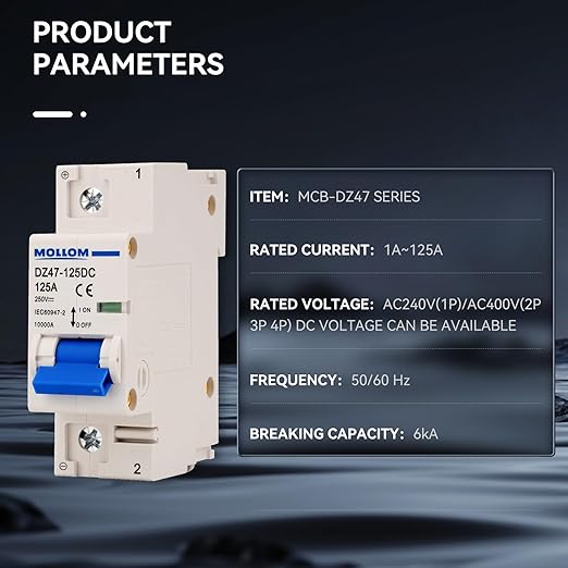 MOLLOM DC 1 Pole Miniature Circuit Breaker, 250V 125Amps, C125 Scene Visualization Custom MCB Thermal Magnetic Trip, 6KA Breaking Capacity DC Disconnect Switch for Solar PV System