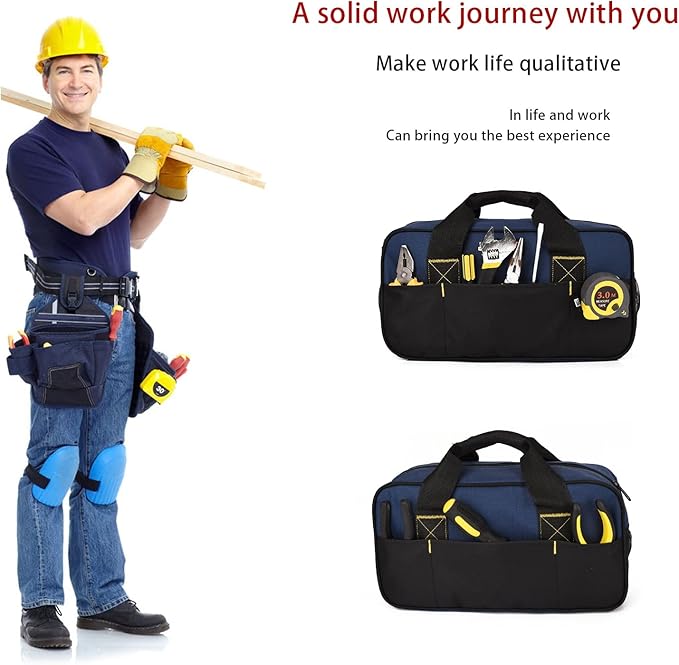 FASTECH 14 Inch Small Tool Bag, Wide Mouth Tool Tote Bag, Waterproof Tool Organizer Bag, Electricians Repairman Tools Tote Bag Double Fabric Storage Bag (Black+Blue)
