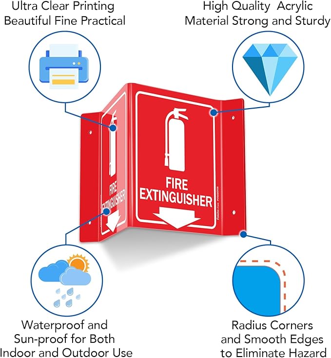 Faittoo Fire Extinguisher Sign, Fire Extinguisher with Down Arrow - 3 Pack 6 x 8 Inches V-Shaped Acrylic Plastic, 4 Pre-Drilled Holes, Includes Matching Screws, Use for Home Office/Business