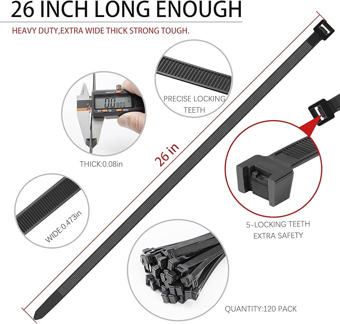 BethTie 26 inch Black Zip Ties Heavy Duty 120 PCS, 300 LBS Ultra Strong Plastic Wire Ties, Large Cable Ties Extra Long Tie Wraps UV Resistant for Indoor Outdoor