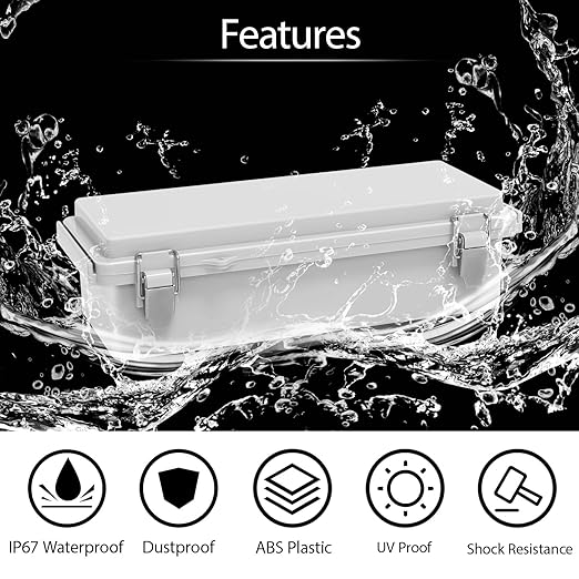 LeMotech Electrical Box, IP67 Waterproof Hinged Cover Stainless Steel Latch Junction Box, ABS Plastic Electrical Enclosure with Mounting Plate,Wall Brackets, Cable Glands,10.2"x4.3"x2.9”,Grey