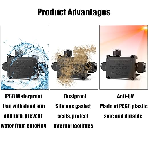 IP68 Waterproof Junction Box, 3 Way Outdoor Electrical Box with Terminal Block and Screwdriver, Plastic Cable Connector for Landscape Lighting and Garden Lights