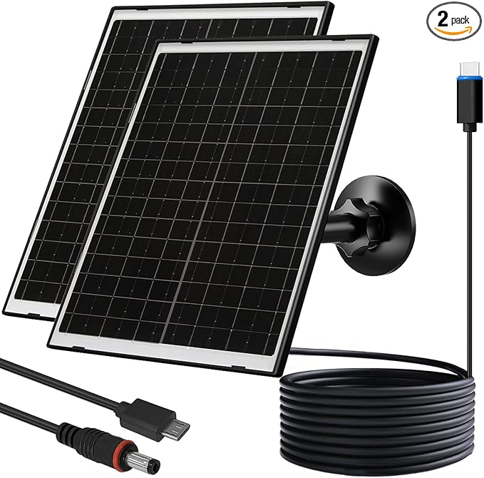 FUTUREZEN 10W Solar Panel for Security Camera, Trail Camera, Type-C Device, Solar Charger with USB-C, Micro USB & DC 5.5x2.1mm Port, IP66 Waterproof, Adjustable Mount, 7.2FT Cable, 2 Pack