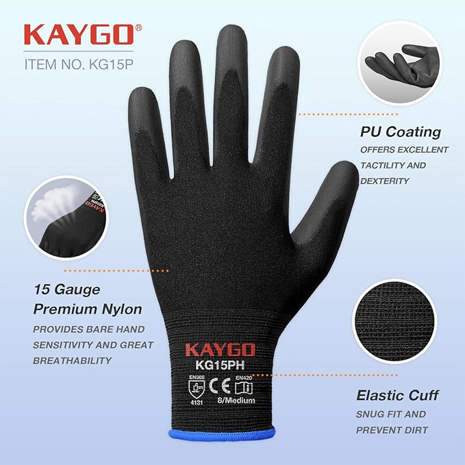 KAYGO Work Gloves PU Coated 12 Pairs, KG15P,Nylon Liner with Flexible Polyurethane Coating,Safety Work Gloves for DIY, Assembly, Warehouse, Light Duty Work (M,Black)