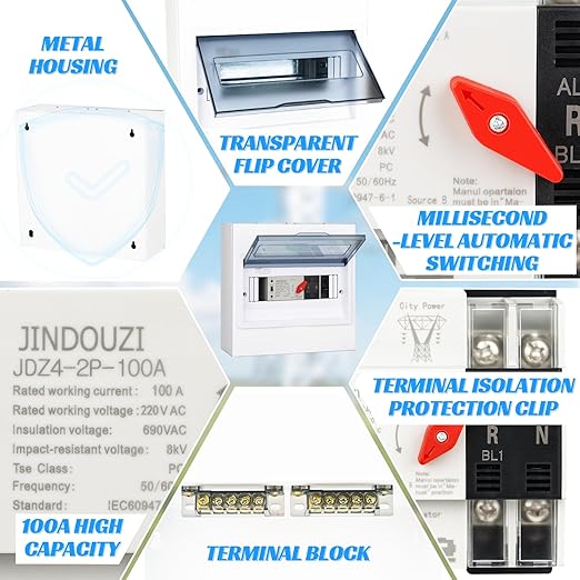 100A Automatic Transfer Switch,220V Generator Transfer Switch,Millisecond Level Dual Power Automatic Transfer Switch, with Metal Distribution Box