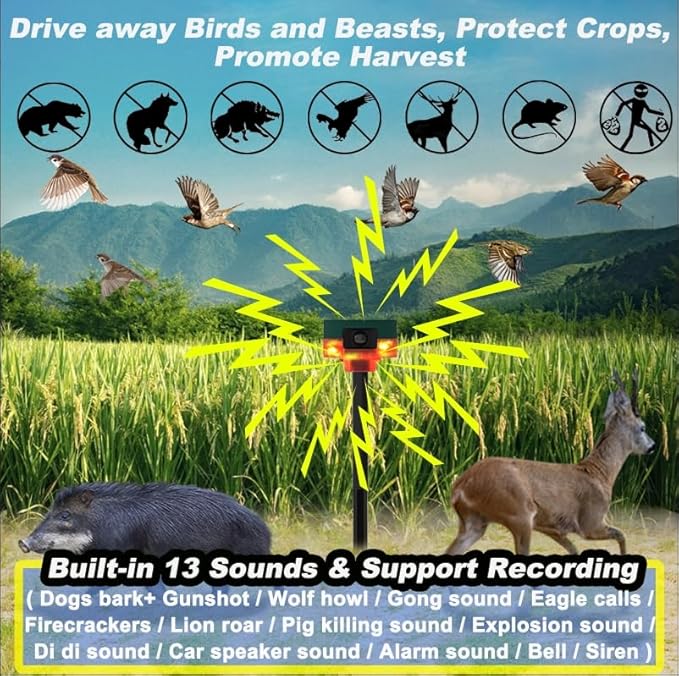 Solar Outdoor Motion Sensor Alarm, 13 Sounds & 360° Motion Detector Alarm Support Recording, 130db Loud Maker Dual Modes Strobe Light with Remote for Home and Farm