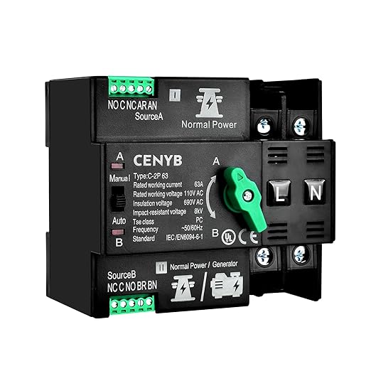 Automatic/Manual Transfer Switch for Home Generator 2P 63A AC110V Uninterrupted Power Supply DIN Rail Mount Toggle Changeover Module