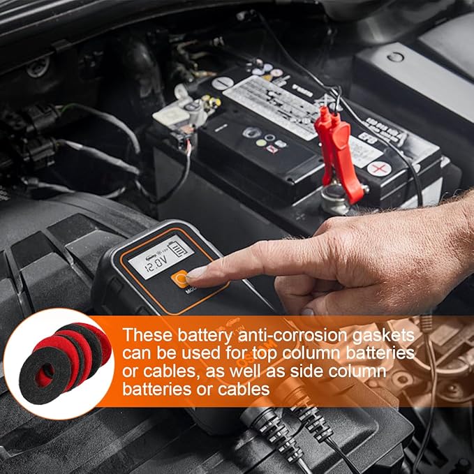 Car Battery Terminal Washer Pad, 12PCS Anti Corrosion Vehicle Battery Top & Side Terminal Protector, Automotive Fiber Shim Cleaning Accessories, Universal for SUV Sedan Truck (Red/Black)
