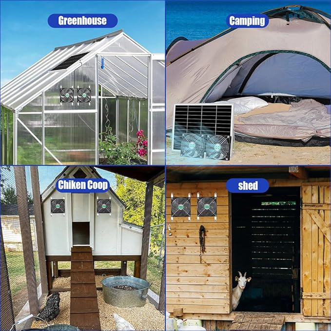 5 Inch Solar Powered Fan, Solar Exhaust Intake Fan Kit, IPX7 Waterproof Dual Fans with 13Ft On/Off Switch Cable, Cooling Ventilation for Greenhouse, Chicken Coop, Shed, Dog House, Outside