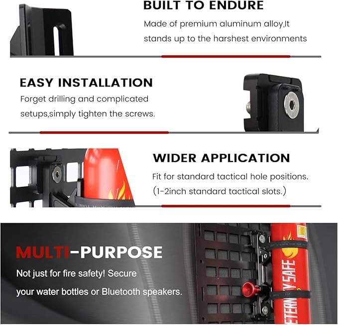 MOLLE Panel Fire Extinguisher Mount Kit-Aluminum Quick Release Car Fire Extinguisher Bracket for 1-2in Tactical Rigid MOLLE Panel Holes.Fire Extinguisher Holder Fits MOLLE Panels Accessories for Truck