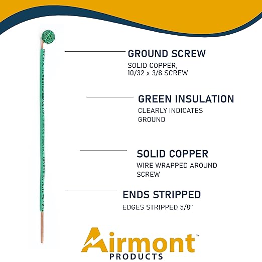 (Pack of 10) 12 AWG Solid Copper Ground Wire with Green Ground Screws – 6.5" Edge-Stripped Grounding Wire, 5/8" Strip, 10-32 x 3/8" Captive Green Screws for Electrical Boxes