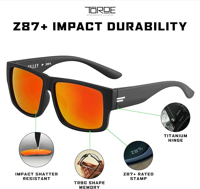 TOROE Z87+ Polarized Safety Sunglasses Matte Black TR90 Frame, ANSI Rated Lens