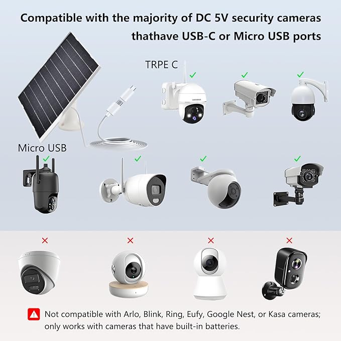 9W Solar Panel for Security Cameras, IP65 Waterproof with 360° Bracket & 9.8FT Cable, 5V Solar Power for Rechargeable Battery Cameras (USB-C/Micro USB)