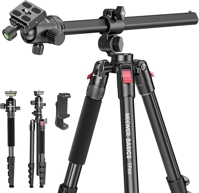 NEEWER Basics 64.5" Horizontal Overhead Tripod with Ball Head/Cell Phone Holder Compatible with iPhone Video Recording, Aluminum Travel Stand Camera Monopod, 360° Pan 180° Tilt 22lb/10kg Load, TP66