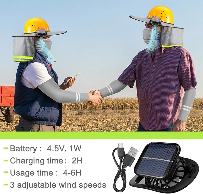 1 Set Sun Hard Hat Shade Full Brim Hard Hat Sun Visor with Solar Fans and Neck Sunshade Cover UV Reflective Strap Arm Sleeves Summer Protection Accessories