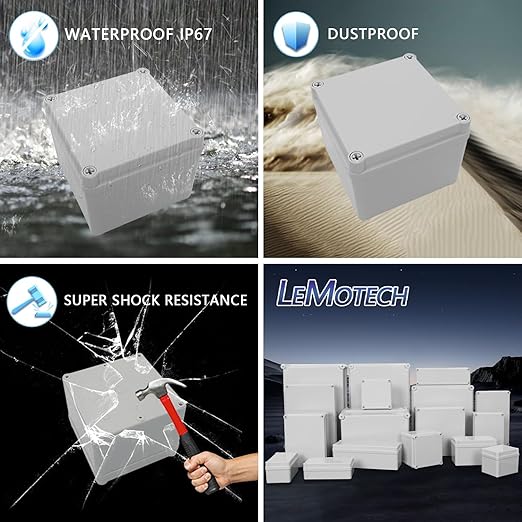 LeMotech Junction Box IP67 Waterproof Dustproof ABS Plastic Project Box for Electrical Outdoor Enclosure Gray 4.9 x 4.9 x 3.9 inch (125 x 125 x 100 mm),2 Pack