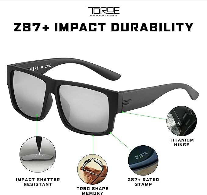 TOROE Z87+ Polarized Safety Sunglasses Matte Black TR90 Frame, ANSI Rated Lens